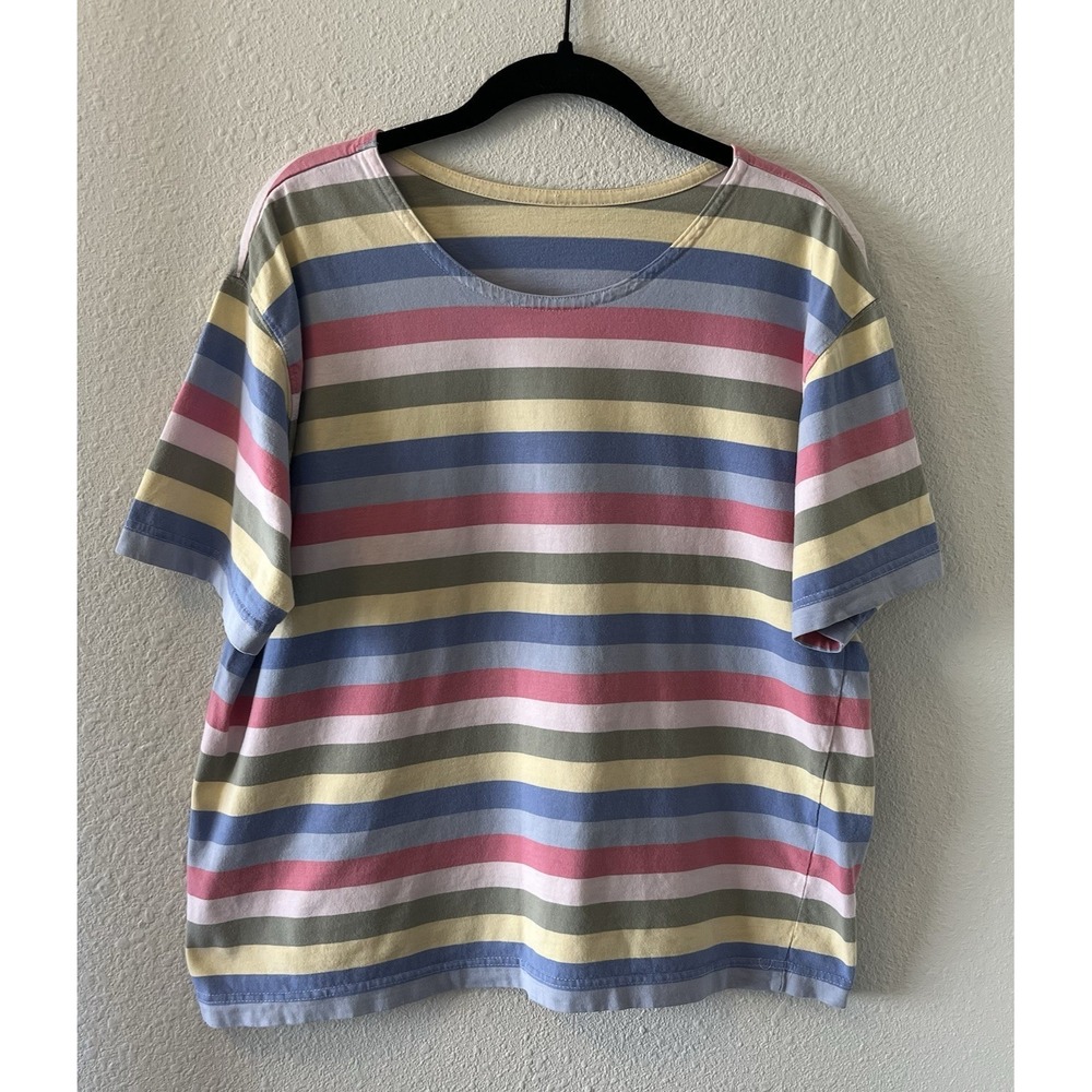 Vintage 90's Tshirt Womens Size 1 Striped Pastel Short Sleeve Boxy Relaxed